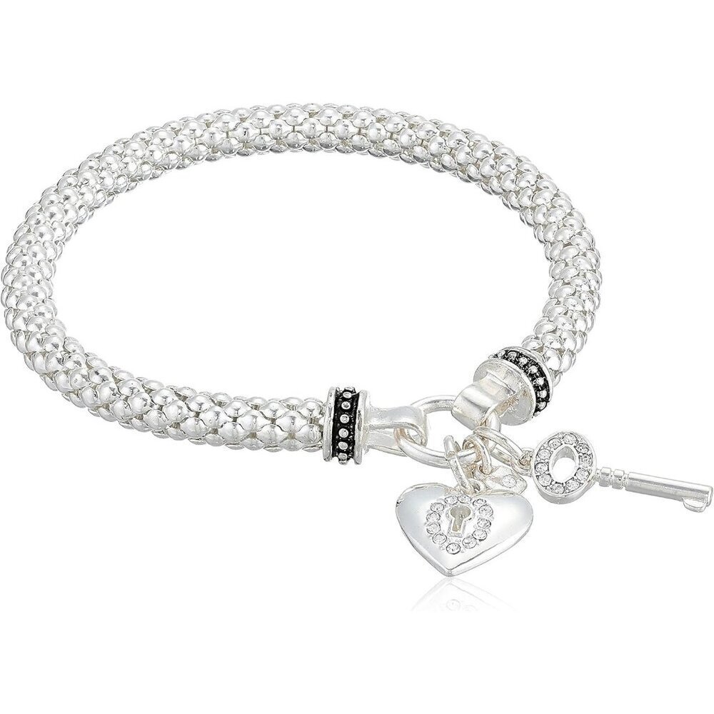 Women's Silver Tone Crystal Heart Key No Clasp Glass Base Stretch Bracelet